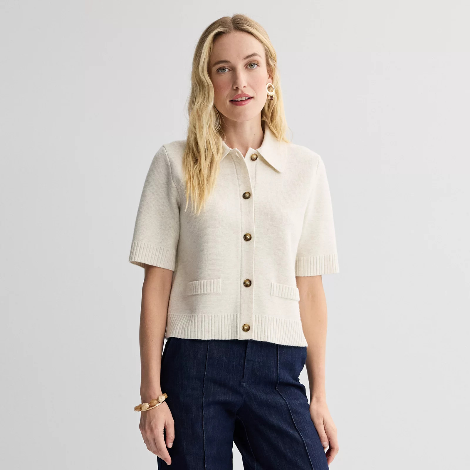 Women's Nine West Clean Short Sleeve Cardigan, Size: XXL, Light Malt Grey | Kohl's
