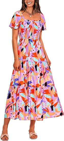 PRETTYGARDEN Women's Summer Maxi Dress Short Sleeve Square Neck Smocked Tiered Ruffle Long Flowy ... | Amazon (US)