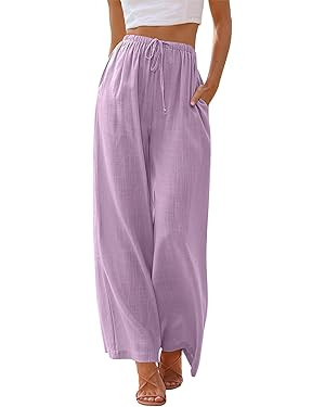 LILLUSORY Pantalones palazzo de lino para mujer, pantalones de playa de pierna ancha con bolsillo... | Amazon (US)