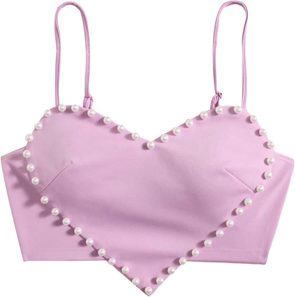 OYOANGLE Women's Pearls Trim Asymmetrical Hem Cami Crop Top Sleeveless Backless Spaghetti Strap C... | Amazon (US)