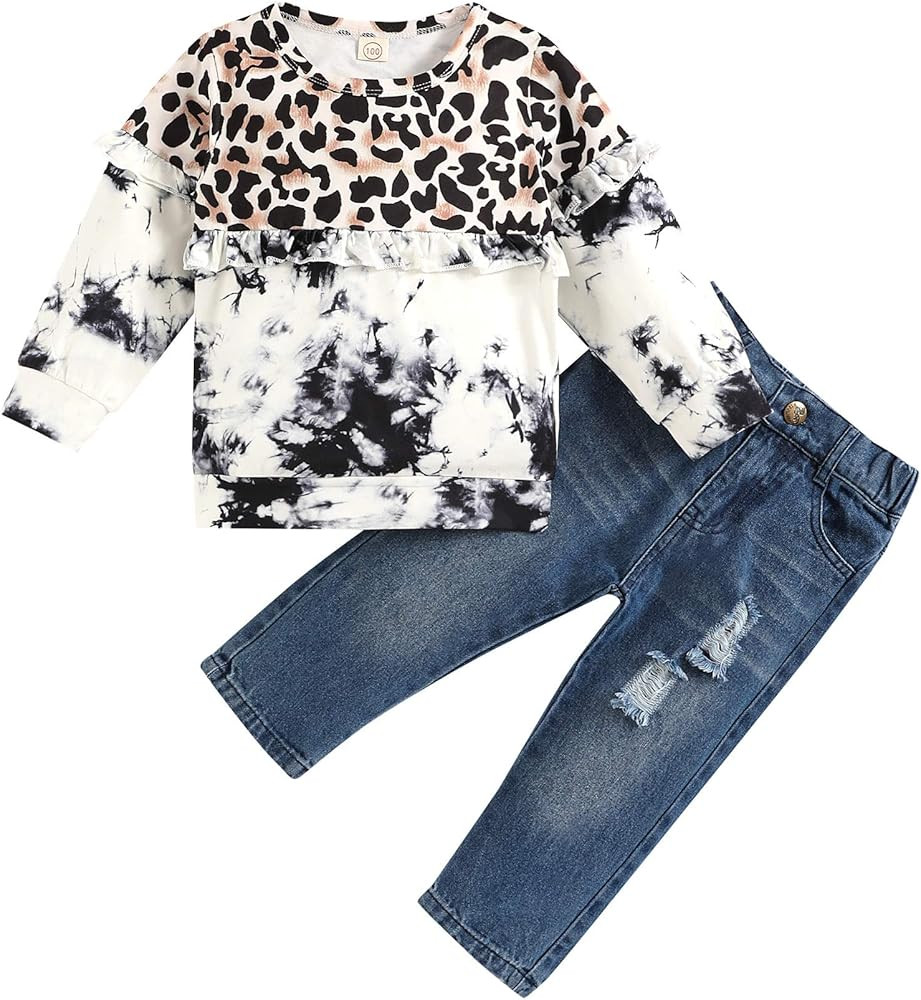 Toddler Baby Girls Leopard Outfit Long Sleeve Ruffle Sweatshirt T-Shirt Top Jeans Fall Winter Clo... | Amazon (US)