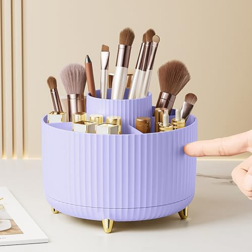 Diesisa Makeup Brush Holder Organizer,360° Rotating Makeup Brush Organizer,5 Slot Make up Brushes Cup for Cosmetics, Nail Polish, Art Supply, Bathroom Vanity Desktop Organizer - Purple | Amazon (US)