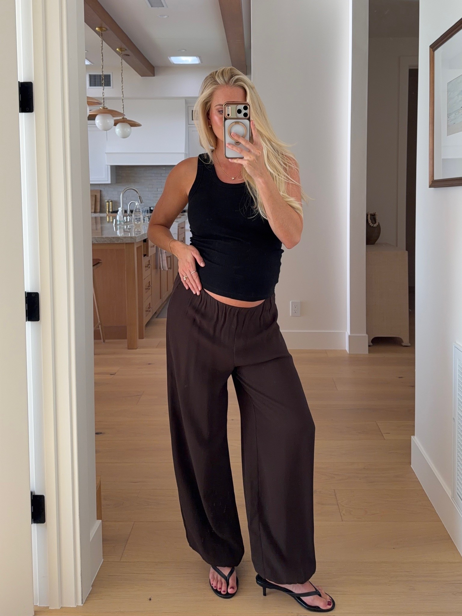 Wearing a medium in tank and pants (sized up for pregnancy), shoes are tts, code "KPGS20!" for discount on jewelry! #kathleenpost 

Spring transition outfit, spring outfits 2026, casual chic look, casual outfit, bump friendly, maternity look

#LTKBump #LTKSeasonal #LTKootd