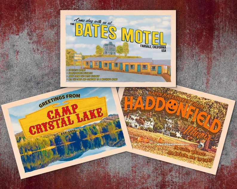 3 Postcards: Haddonfield Halloween 1978; Camp Crystal Lake Friday the 13th; Bates Motel Psycho Mi... | Etsy (US)