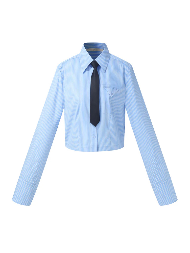 Blue And White Stripe Women Long Sleeve Shirt | GOELIA