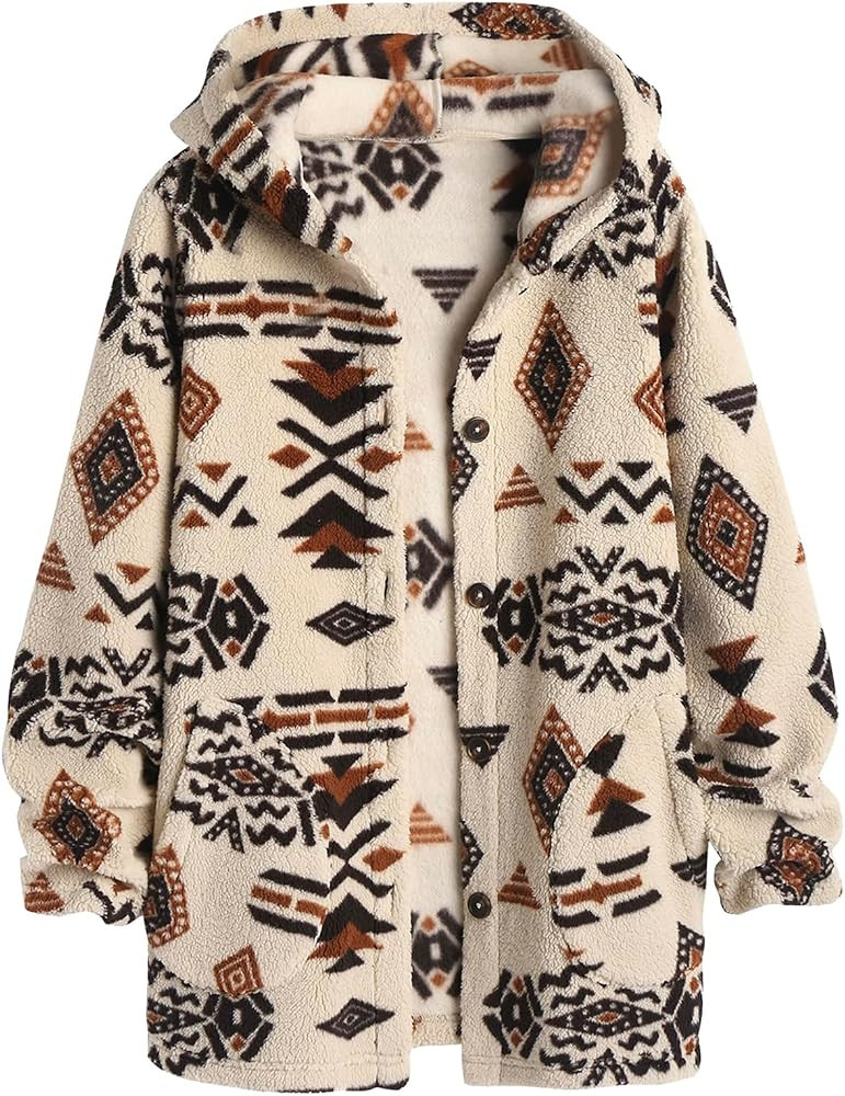 SELINK Womens Aztec Print Fleece Hoodie Jacket Button Down Shacket Casual Sherpa Coats Warm Outwe... | Amazon (US)