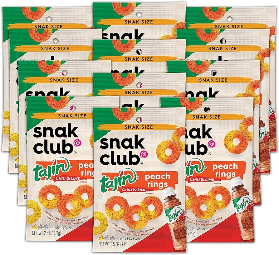 Snak Club Tajin Peach Rings, Sweet and Spicy Gummy Snacks, 2.5oz Snack Size, 12 Count | Amazon (US)