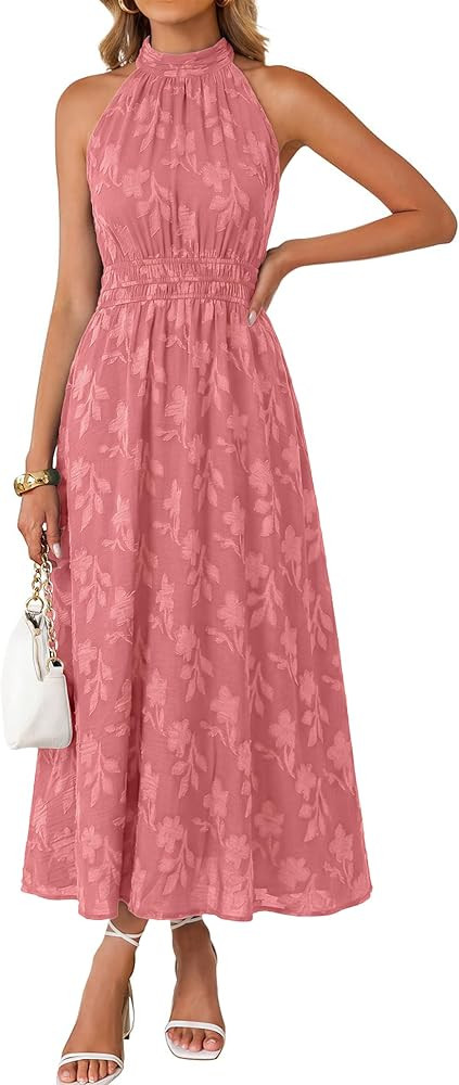 Simplee Womens Summer Halter Maxi Dress Boho Floral Wedding Guest Dress Flowy Sleeveless Long Sun... | Amazon (US)