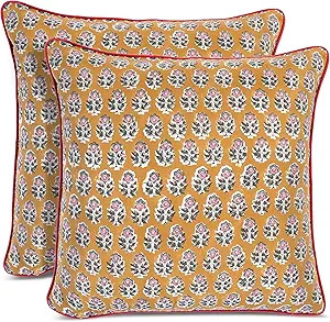 CPC 100% Cotton Throw Pillow Covers 18x18 Inch, Set of 2 Yellow Block Print Pattern Couch Pillow,... | Amazon (US)