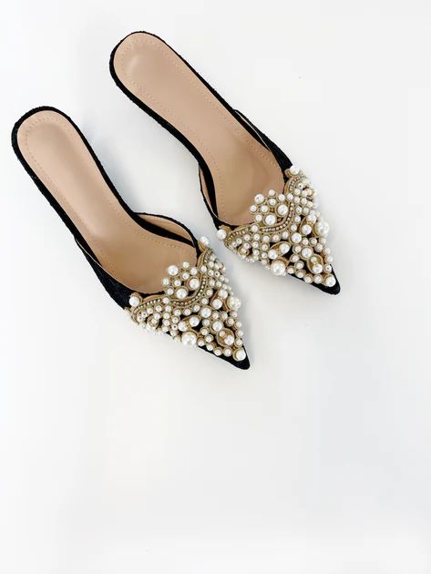 Valentina Pearl Embellished Kitten Heel | Black | Vita Grace