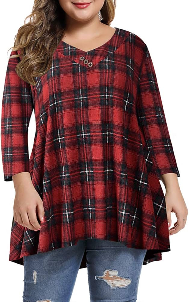 MONNURO Womens Plus Size 3/4 Sleeve V Neck Button Casual Loose Flowy Swing Tunic Tops Basic Tee S... | Amazon (US)
