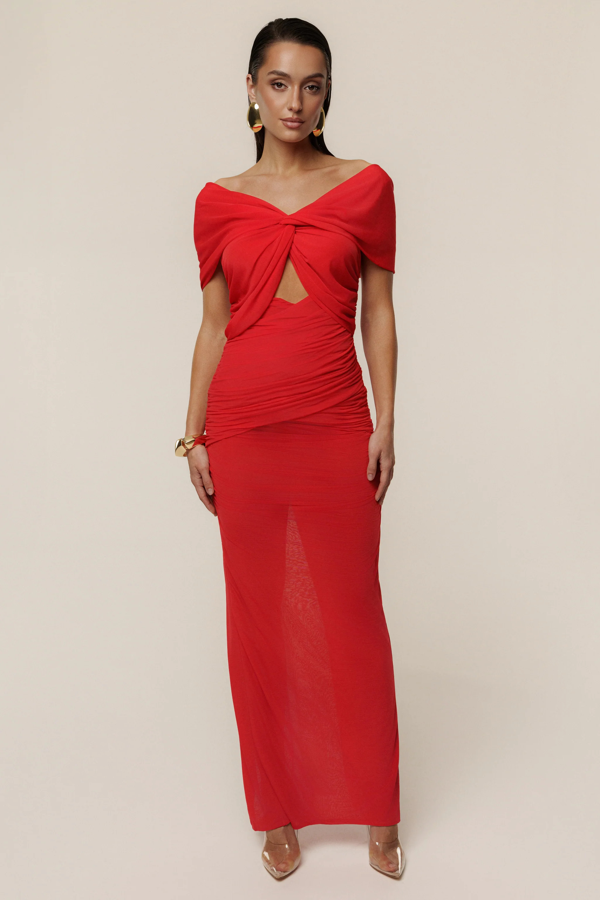 Red Alessandra Off Shoulder Maxi Dress | JLUXLABEL US