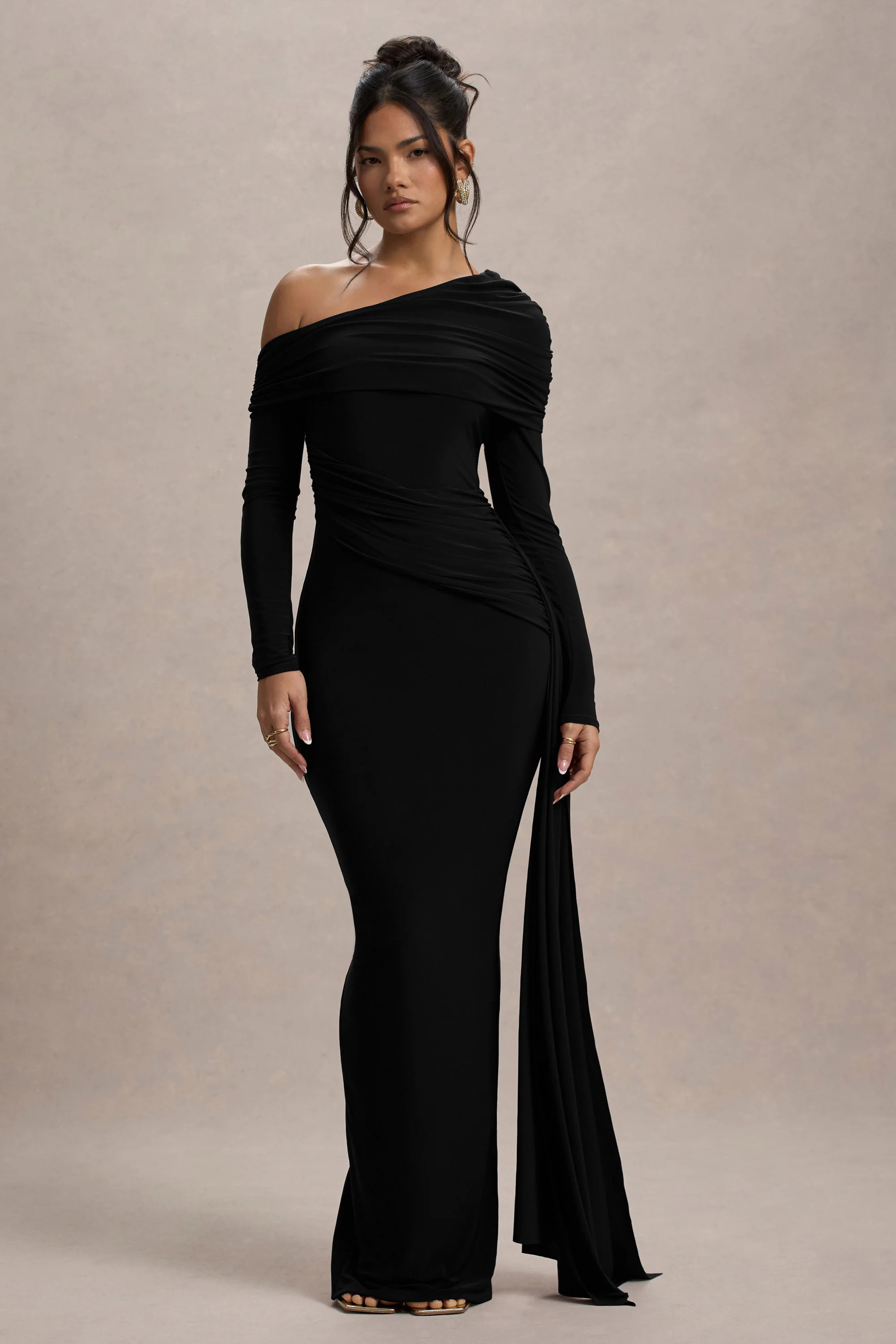 Valina | Black Ruched Asymmetric Maxi Dress With Drape | Club L London