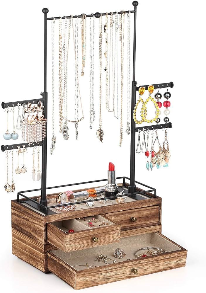 Jewelry Organizer - 2 Layer Wooden Drawer Storage Box with 6 Tier Tree Stand, Display for Necklac... | Amazon (US)