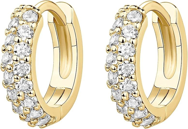 PAVOI 14K Gold Plated Sterling Silver Post Cubic Zirconia Huggie Earrings | Small Round Huggie St... | Amazon (US)