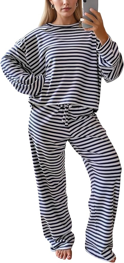 MISSACTIVER Women's Striped 2 Piece Lounge Set Casual Long Sleeve T-Shirt Drawstring Wide Leg Pan... | Amazon (US)
