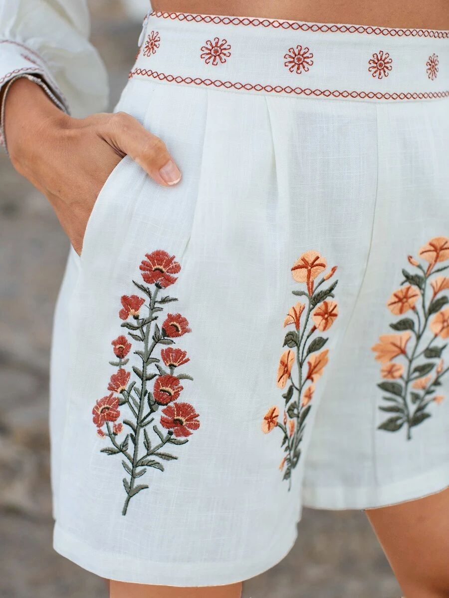 SHEIN Floral Embroidery Wide Leg Shorts | SHEIN