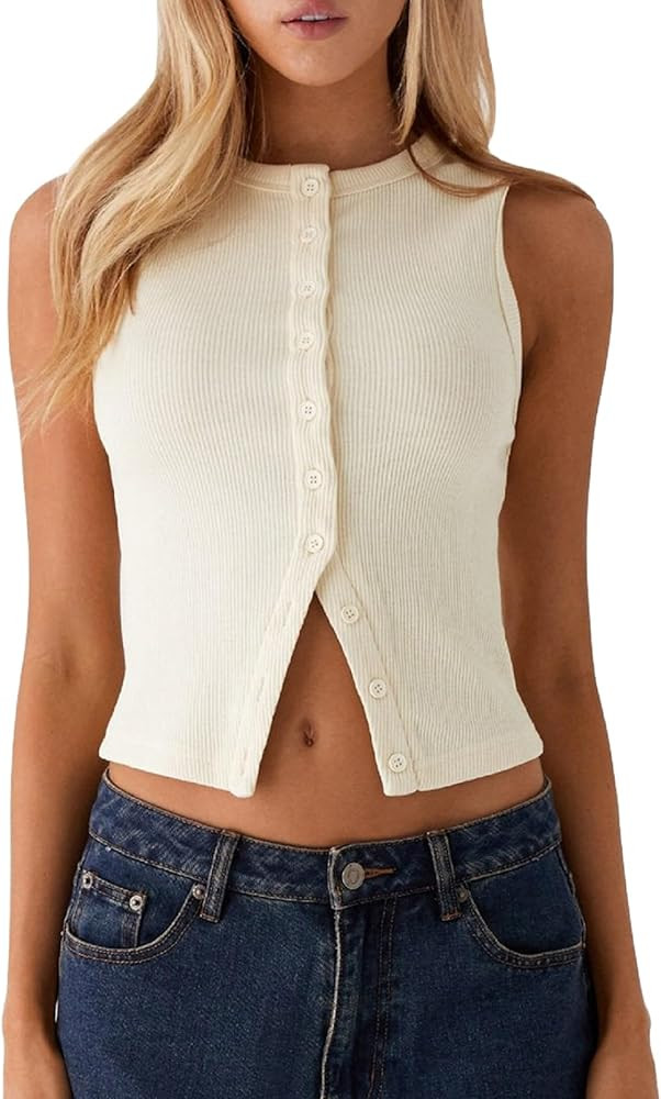 Faretumiya Women Button Down Tank Top Ribbed Summer Vest Tops Slim Fit Open Front Sleeveless Crop... | Amazon (US)