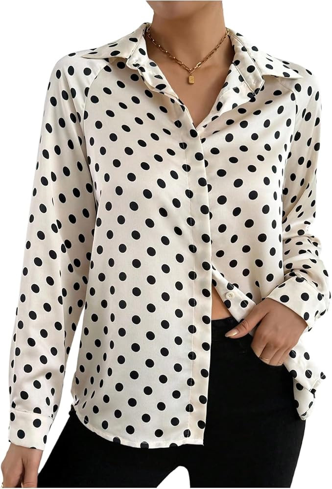 SHENHE Women's Polka Dots Button Up Satin Shirt Long Sleeve Blouse Office Business Casual Outfit | Amazon (US)