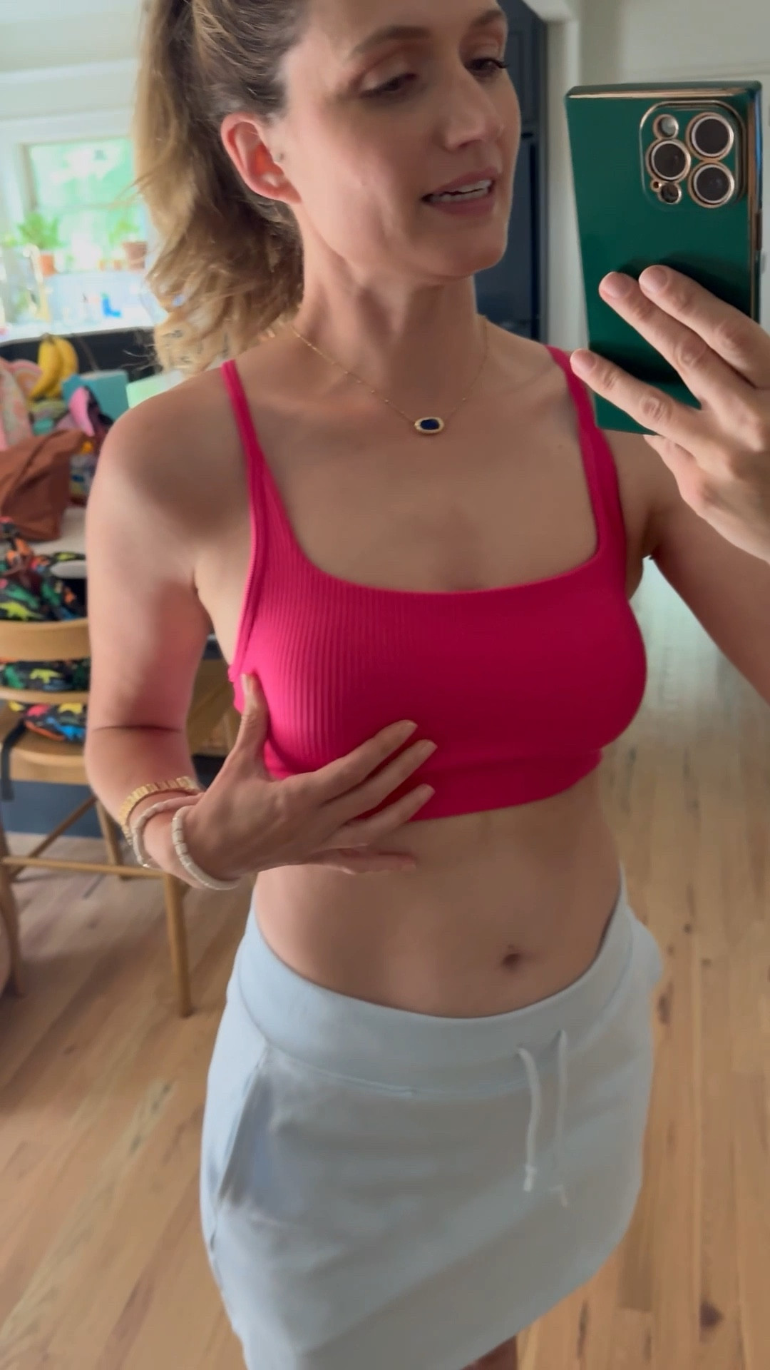 Sports bra! I’m wearing mine for yard work 😄 This is a medium. I’m 5’7” 145 I am a 36C in bra’s

Love the bright pink ribbed bra