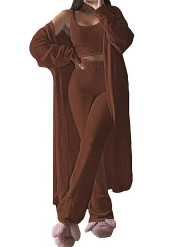 Women's Fuzzy 3 Piece Sweatsuit Open Front Cardigan Crop Tops Leggings Lounge Sets Sweatsuit Chocolate S | Amazon (US)