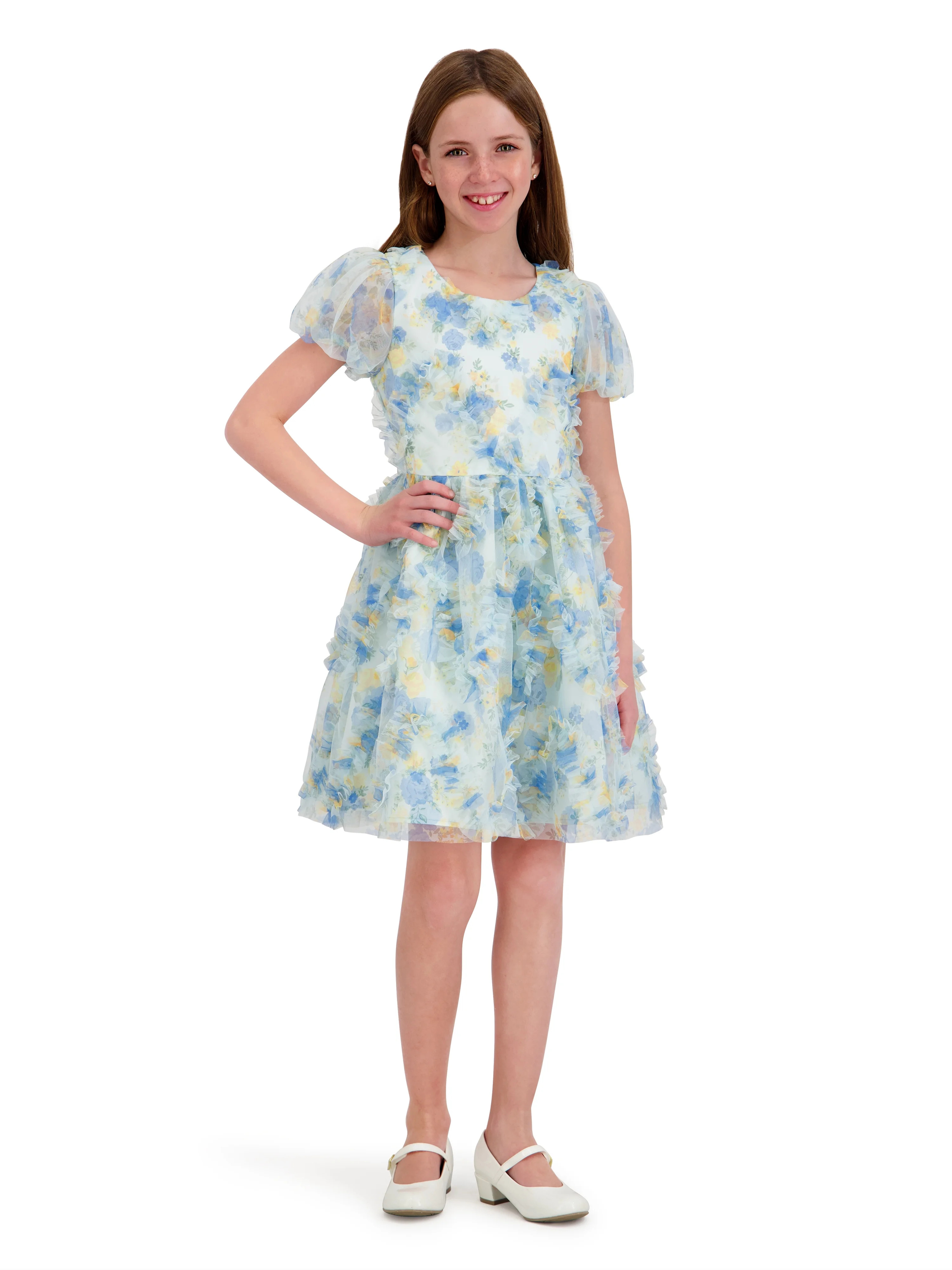 Kensie Girl Short Sleeve Allover Printed Ruffle Dress, Sizes 4-16 | Walmart (US)