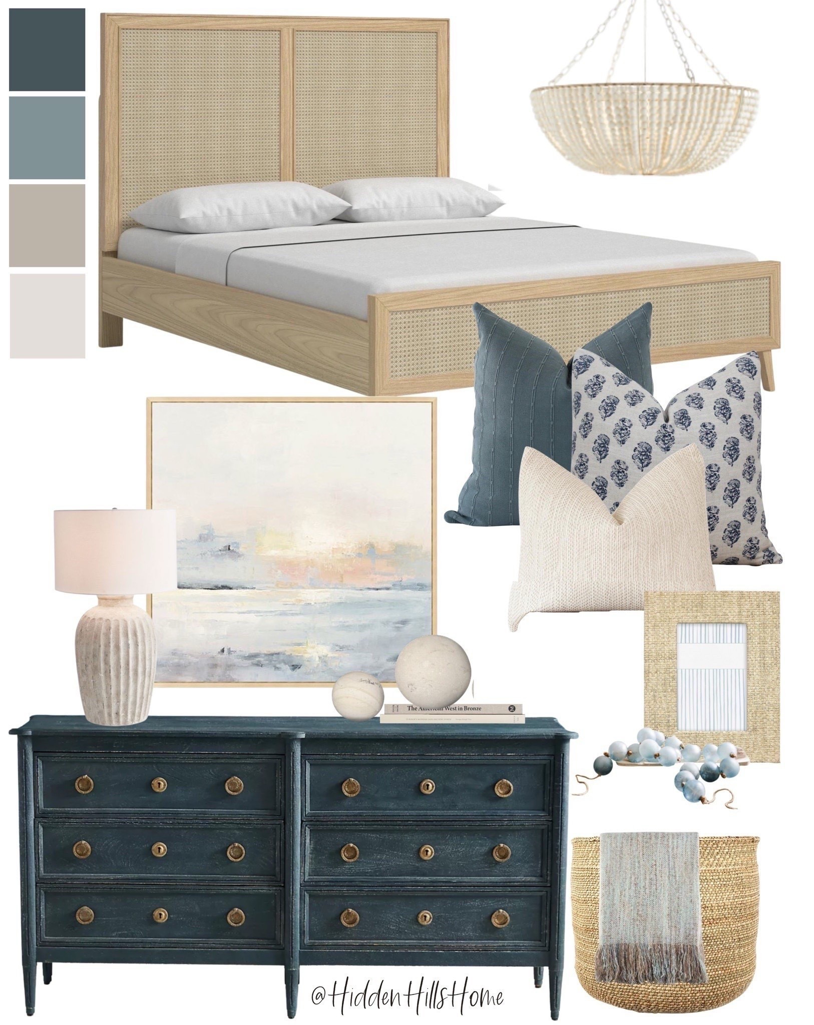 Coastal bedroom decor, home decor, cane rattan bed, blue navy dresser, coastal beach pillows, Beach House bedroom decor ideas #coastal #beach #bedroom

#LTKHome #LTKSaleAlert #LTKSeasonal