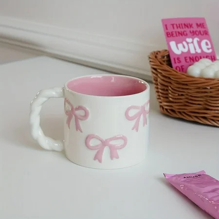 Pink Bow Ceramic Mug, Twist Handle Design Ceramic Cup, Exquisite Minimalist Pink Embossed Cup, Suitable for Coffee Shop Latte Art Cup, Home Decor Drinkware, Kitchen Living Room Bedroom Water Glas | Walmart (US)