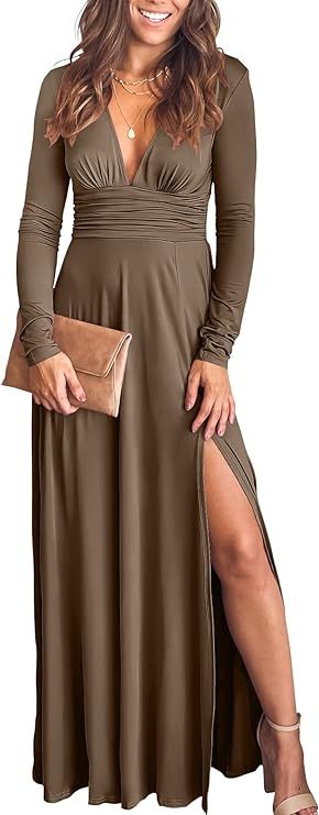 ANRABESS Women's Deep V Neck Short Sleeve Long Dresses Pleated High Waist Slit Club Party Evening... | Amazon (US)