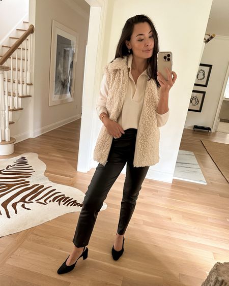 Kat Jamieson wears leather pants, a cashmere sweater and shearling vest with Chanel sling back heels. Fall outfit, neutral style, classic. 

#LTKshoecrush #LTKSeasonal #LTKworkwear