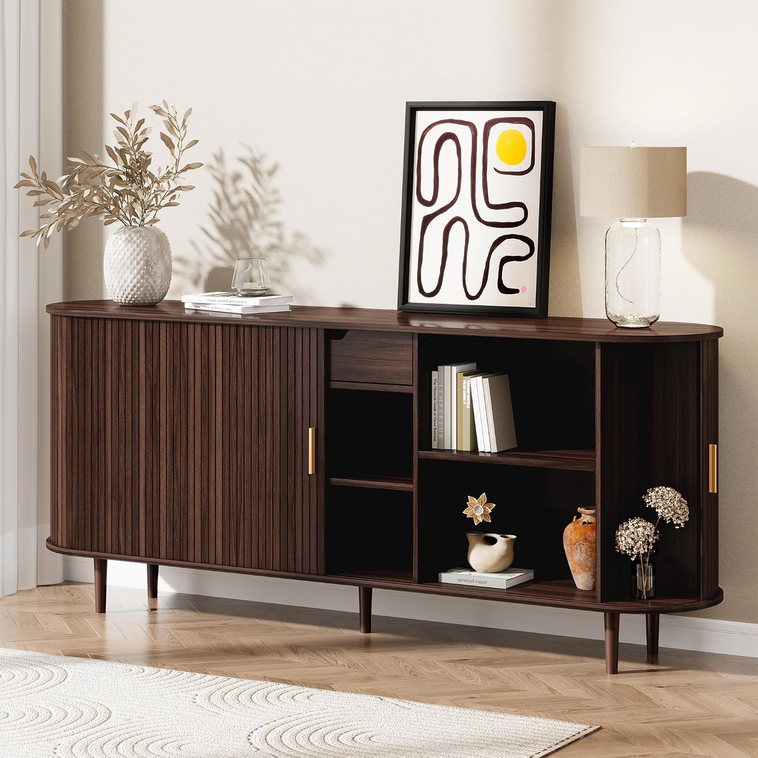 71" Sideboard Buffet Cabinet with Storage,Large Credenza with Sliding Doors and 1 Drawer,Mid Century Modern Coffee Bar Cabinet with Adjustable Shelves for Dining Room, Kitchen, Living Room (Walnut) | Amazon (US)