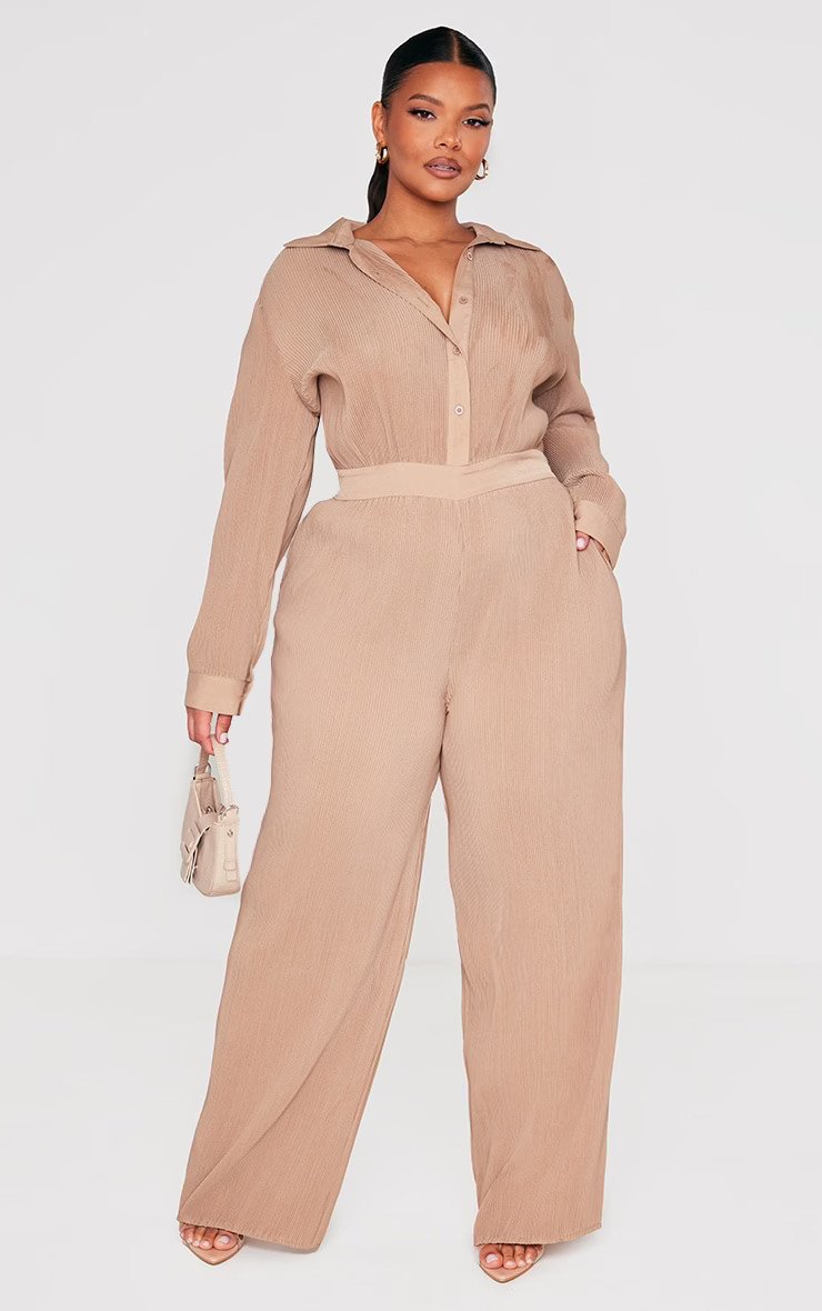 Plus Stone Plisse Shirt Jumpsuit | PrettyLittleThing US