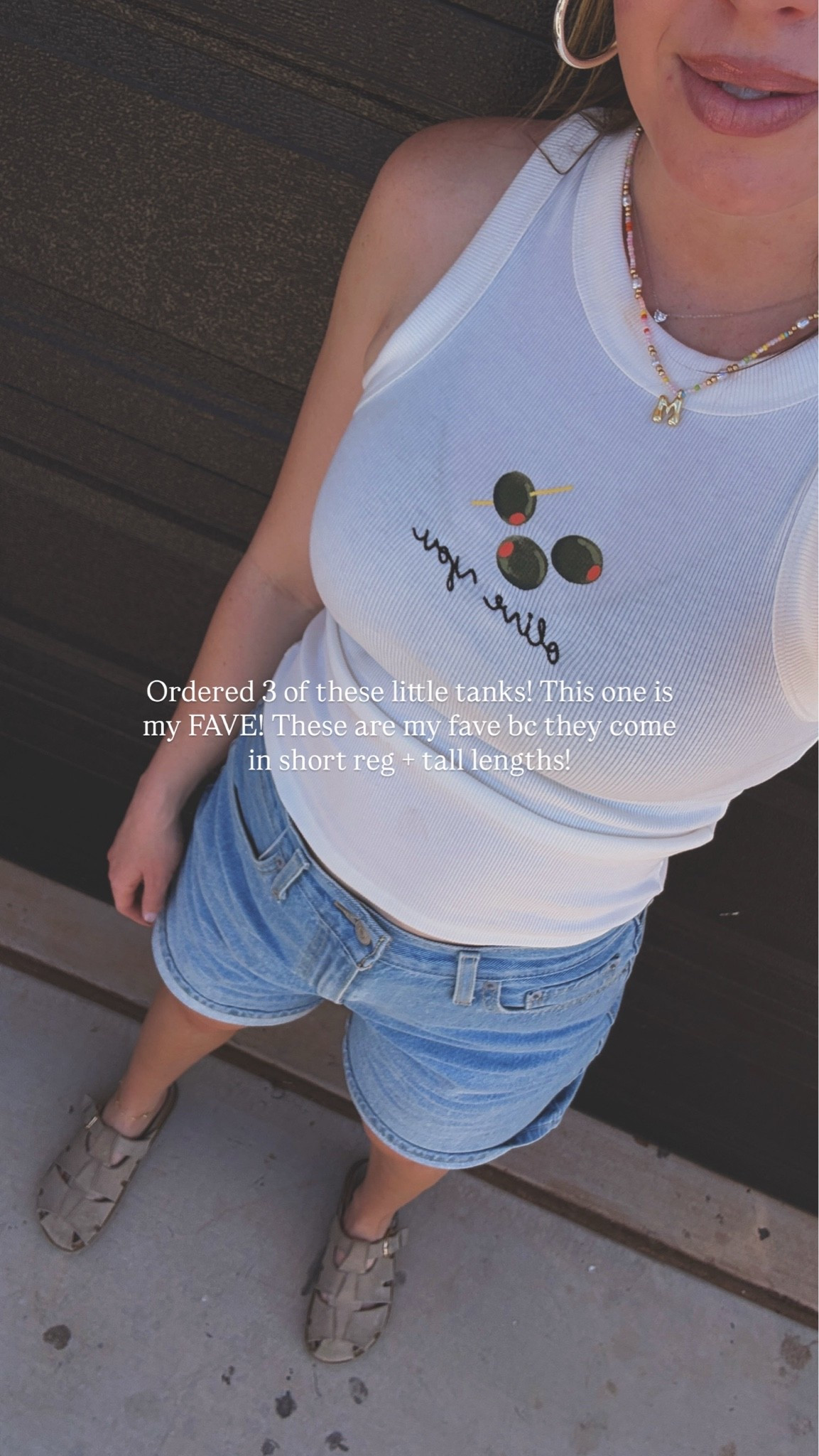 Casual mom ootd! Love this “olive you” tank top! I’m wearing a 28 in shorts and small tall in tank!