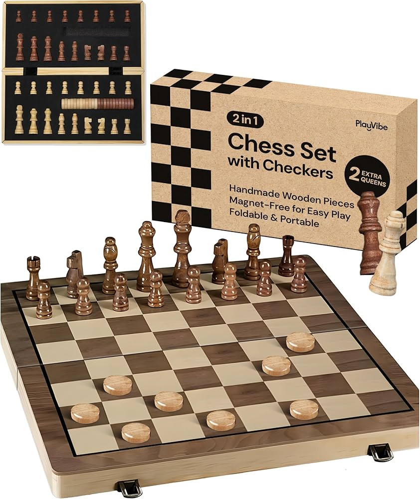 PlayVibe Wooden Chess Set 15'' & Checkers Board Games for All Players with 2 Extra Queens - Handm... | Amazon (US)