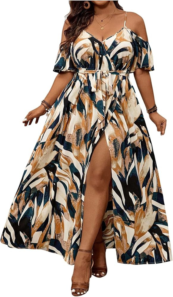 Floerns Women's Plus Size Cold Shoulder Short Sleeve Split Thigh Long Dress | Amazon (US)