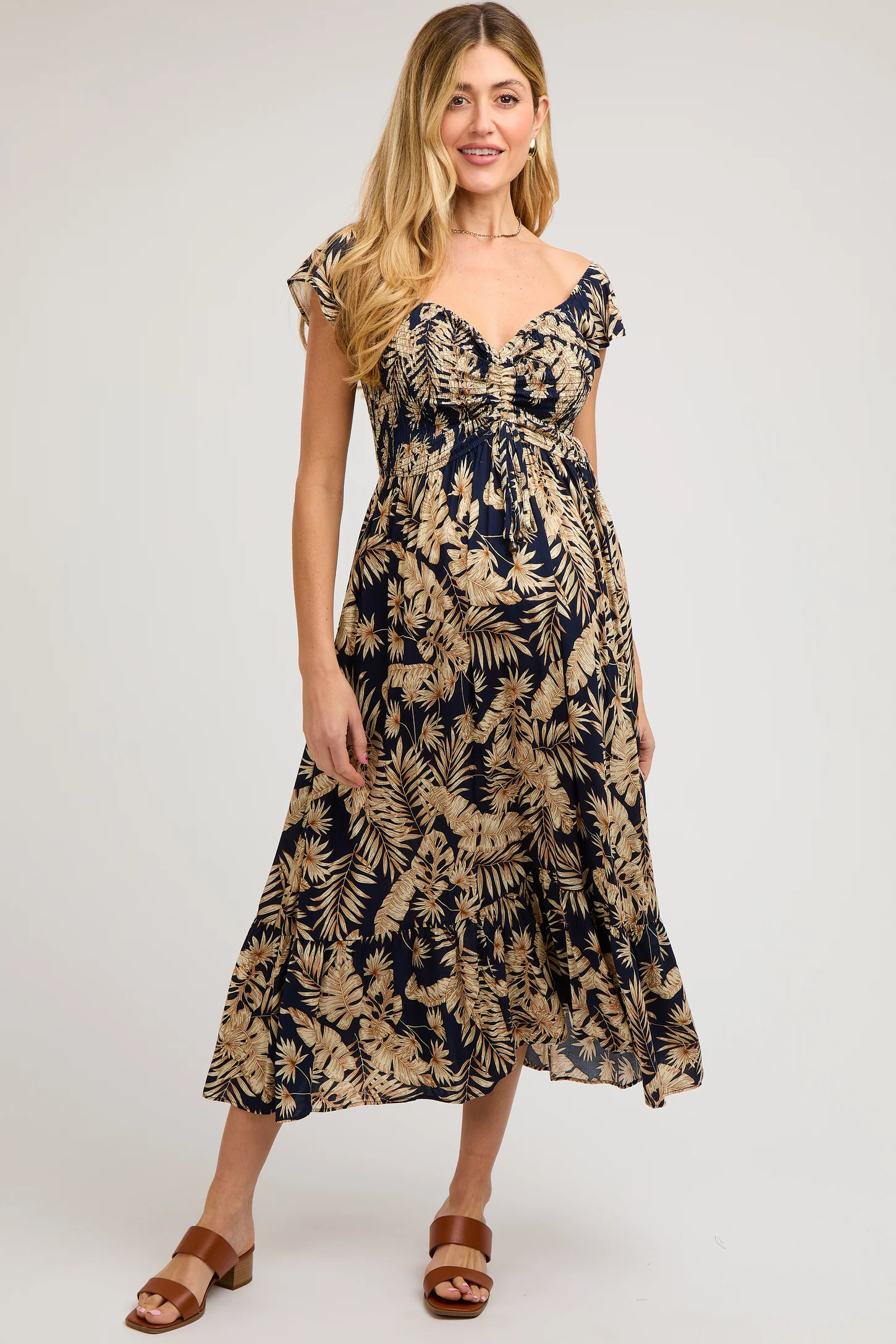 Navy Tropical Print Smocked Short Sleeve Maternity Maxi Dress | PinkBlush Maternity