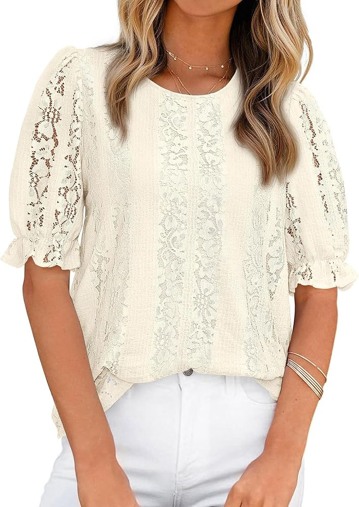 KIRUNDO Lace Tops for Women Trendy 2026 Eyelet Floral Summer Clothes Short Puff Sleeve Spring Blo... | Amazon (US)