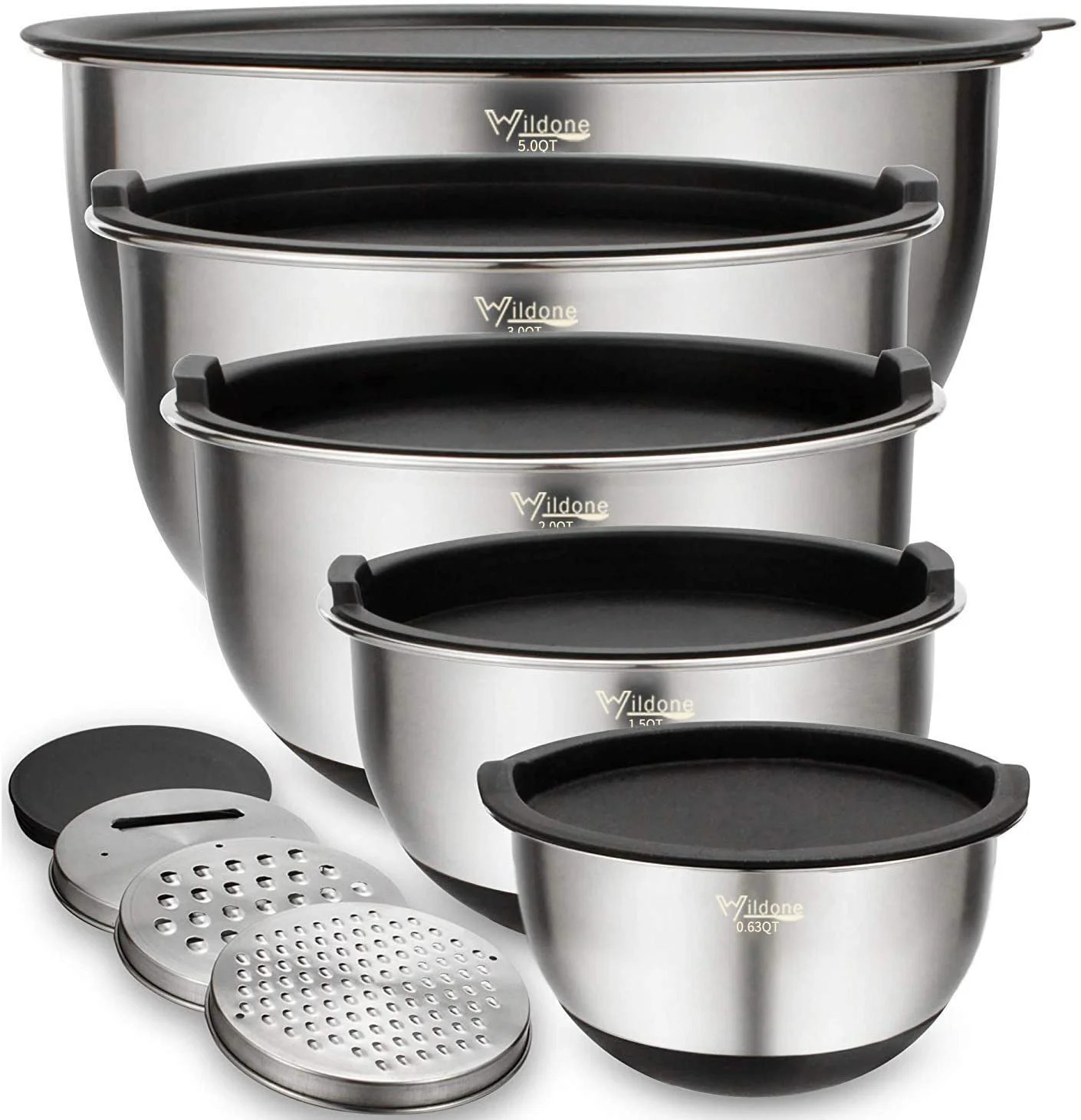 Mixing Bowls Set of 5, Wildone Stainless Steel Nesting Bowls with Airtight Lids, 3 Grater Attachm... | Walmart (US)