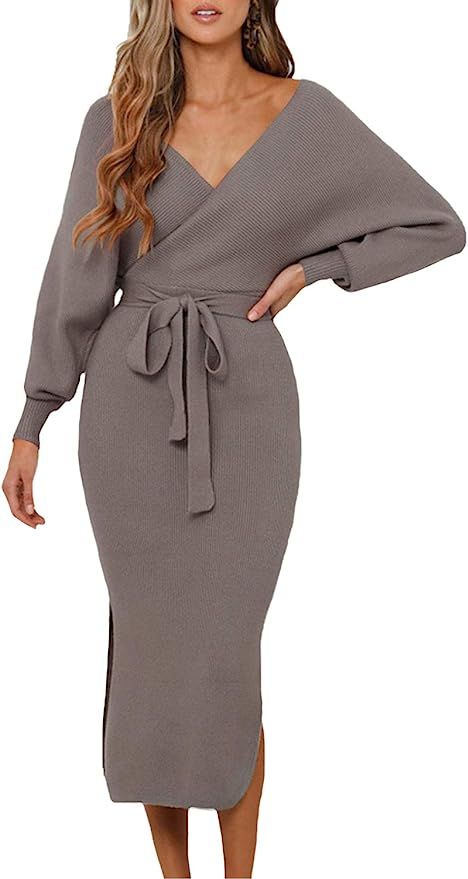 Viottiset Women's V Neck Long Batwing Sleeve Wrap Midi Knit Sweater Dress Elegant Backless with B... | Amazon (US)