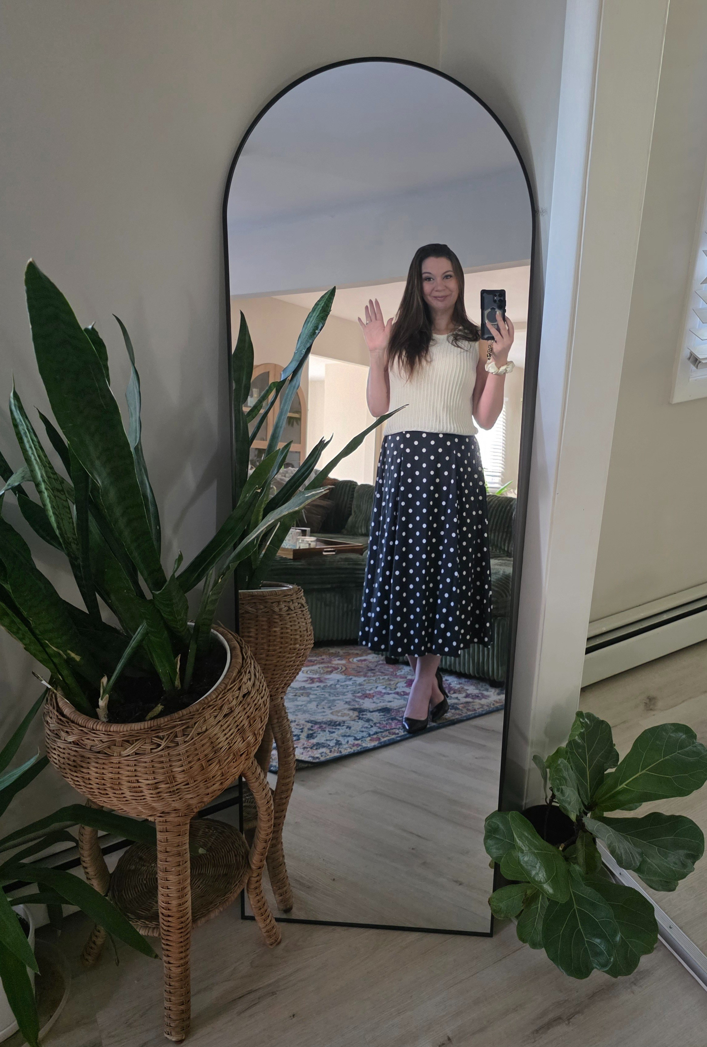 Good Morning!!  I love this corner!  It does need some art around the mirror but we're getting there! The mirror makes the living room look bigger and brighter ✨️ even though it's actually both but can a room ever really be too naturally bright? It's cheerful 😊  Love a tea length skirt not too long ... not too short .. Just right!! The sleeveless arms have helped with temperature control and is perfect for layering with a jacket!  My planter is vintage but I tried to find you guys a close one .. I'll keep looking for cool ones because maybe I need another one too 🤔🤪😆 Just fair warning all plants 🪴 are alive.. We don't do fake plants around here 😆 if you want fake plants I'll have to think about it and I might cry 🥹#goodmorning #target #Amazon #plants  #affiliatemarketing #affiliatelink #house #decor #clothes

#LTKdayinmylife #LTKHome #LTKWorkwear