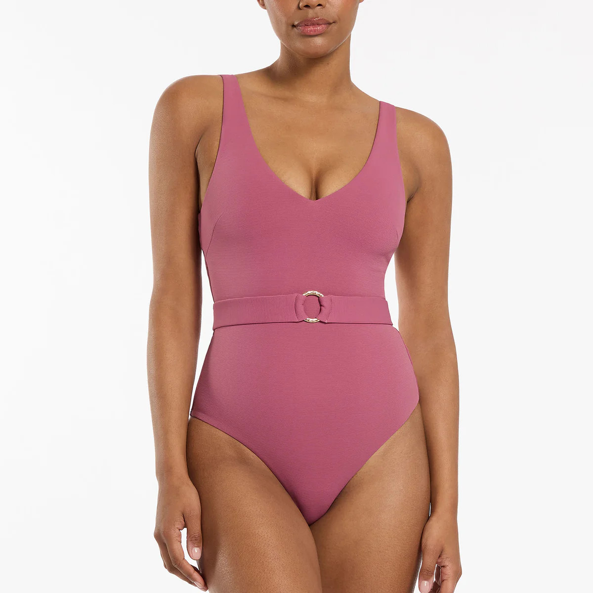 Isla Rib V-Neckline Belted One Piece - Mauve | JETS Australia