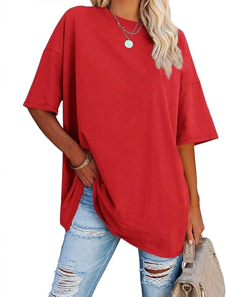 Fisoew Women's Oversized T Shirts Tees Half Sleeve Crew Neck Cotton Tunic Tops | Amazon (US)