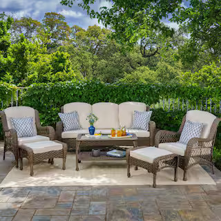 Rio Vista 6-Piece Resin Wicker Conversation Set with Beige Cushions (Outdoor Sofa, Wicker Chairs,... | The Home Depot