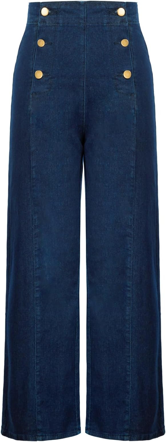 Belle Poque Women's High Waisted Wide Leg Jeans Button Decorated Casual Stretchy Demin Pants with... | Amazon (US)