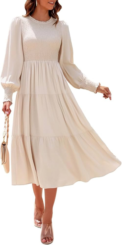 Holipick Women's Summer Casual Dress Flutter Sleeves Crew Neck Smocked High Waist Tiered A-Line M... | Amazon (US)