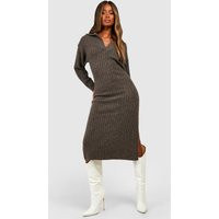 Womens Wide Rib Knit Collared Soft Sweater Dress - Brown - S | boohoo (US & Canada)