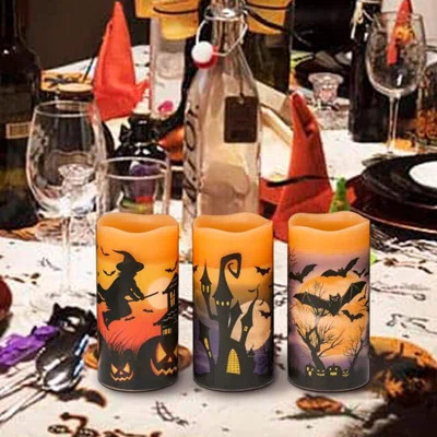 Halloween Flameless Flickering Candles With 6Hrs Timer, Battery Operated Candles With Halloween Decals Real Wax LED Pillar Candles For Halloween Home | Wayfair Professional