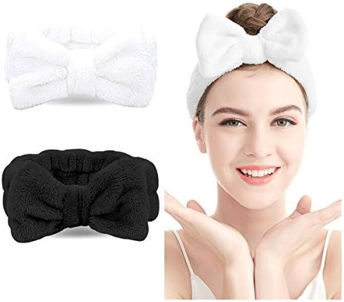 Spa Headband – 2 Pack Bow Hair Band Women Facial Makeup Head Band Soft Coral Fleece Head Wraps ... | Amazon (US)
