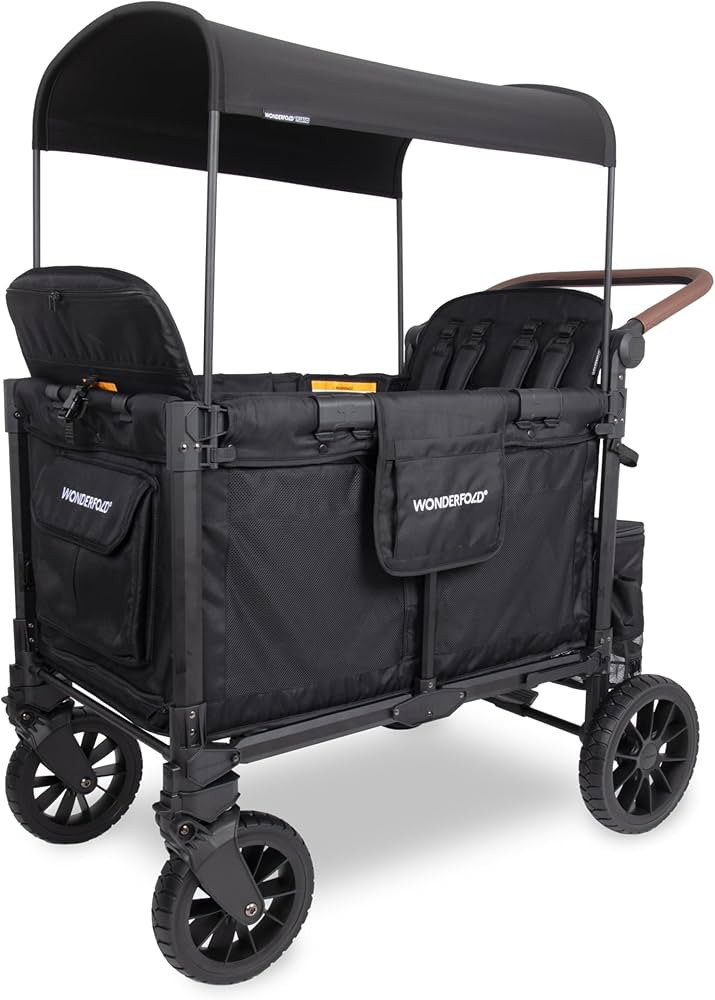 WONDERFOLD W4 Luxe Pro Stroller Wagon (4 Seater) - Collapsible Wagon Stroller with Seats Featuring 5-Point Safety Harnesses and Adjustable Sun Canopy, Jet Black | Amazon (US)