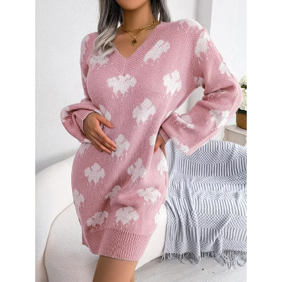 Women's Loose Fit V - Neck Cloud Pattern Knitted Sweater Dress,Pink,L | Target